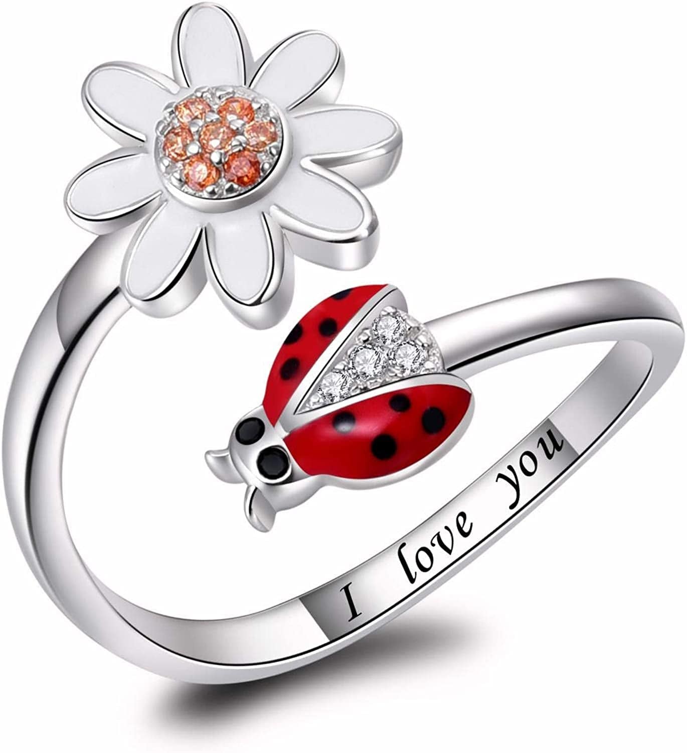 925 Sterling Silver Ladybug Daisy Leaves Necklace Earrings Rings Pendant Anklet Jewelry Set Apparel & Accessories > Jewelry > Anklets oGoodsunj Ladybug Daisy Rings  