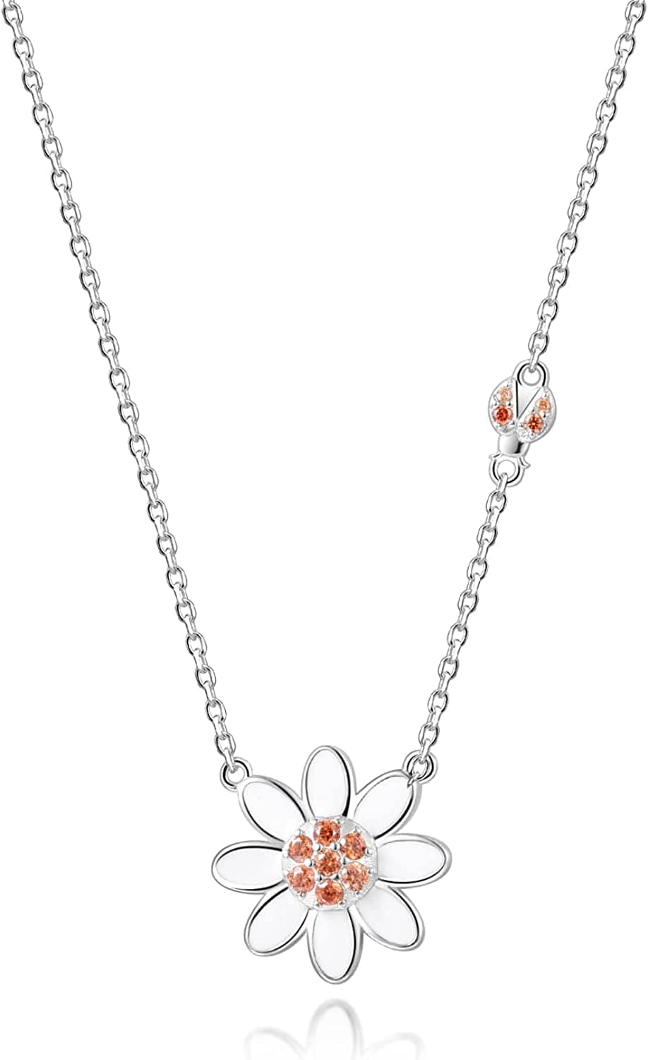 925 Sterling Silver Ladybug Daisy Leaves Necklace Earrings Rings Pendant Anklet Jewelry Set Apparel & Accessories > Jewelry > Anklets oGoodsunj Ladybug Daisy Necklace  