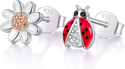 925 Sterling Silver Ladybug Daisy Leaves Necklace Earrings Rings Pendant Anklet Jewelry Set Apparel & Accessories > Jewelry > Anklets oGoodsunj Ladybug Daisy Earrings  