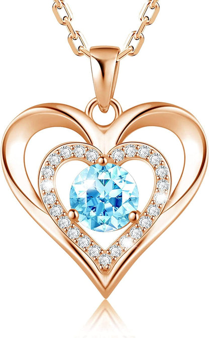 925 Sterling Silver Large Heart Necklace with 5A Birthstone Zirconia 18K Rose Gold Plated Love Birthstone Necklaces Jewelry Valentines Day Mothers Day Birthday Gifts for Mom Her Women Girls Wife Girlfriend, Chain Length 17.7"+2" Extender Rose Gold-03 Mar-Aquamarine