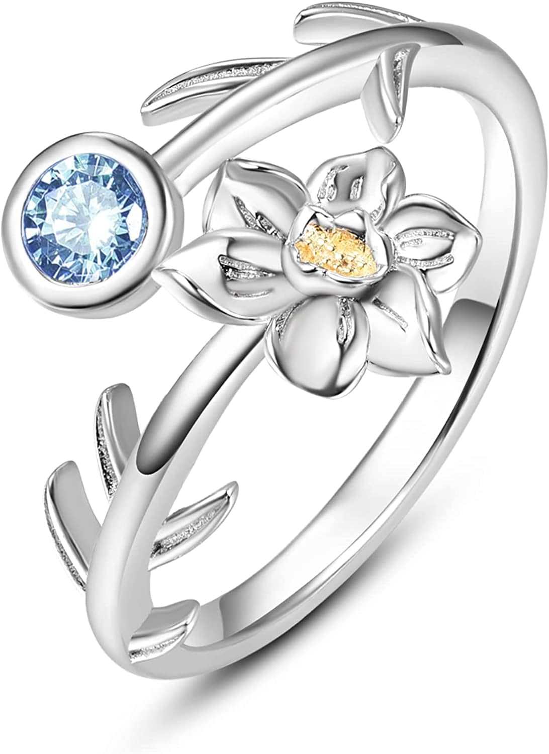 925 Sterling Silver Leaf Birthstone Rings Adjustable Open Ring for Women with Jewelry Box Size 7-9 March - Daffodils