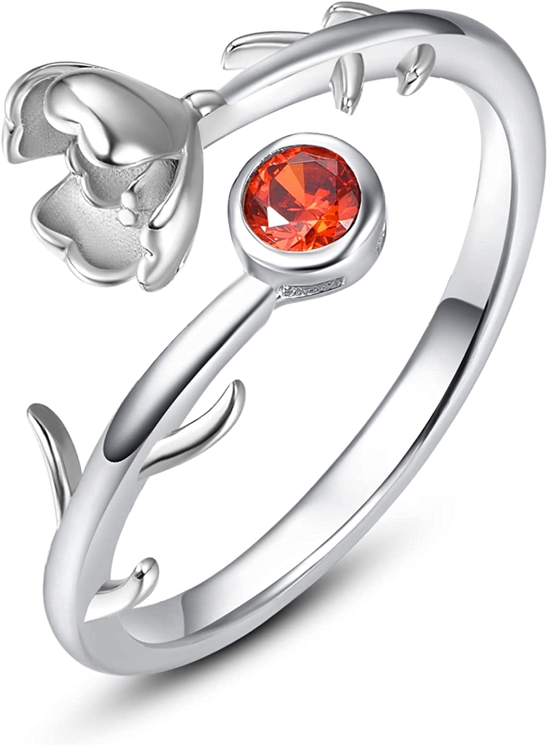 925 Sterling Silver Leaf Birthstone Rings Adjustable Open Ring for Women with Jewelry Box Size 7-9 January - Snow Drop