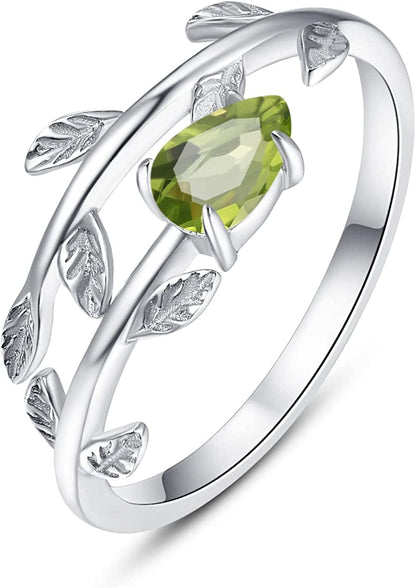 925 Sterling Silver Leaf Birthstone Rings Adjustable Open Ring for Women with Jewelry Box Size 7-9 08. August