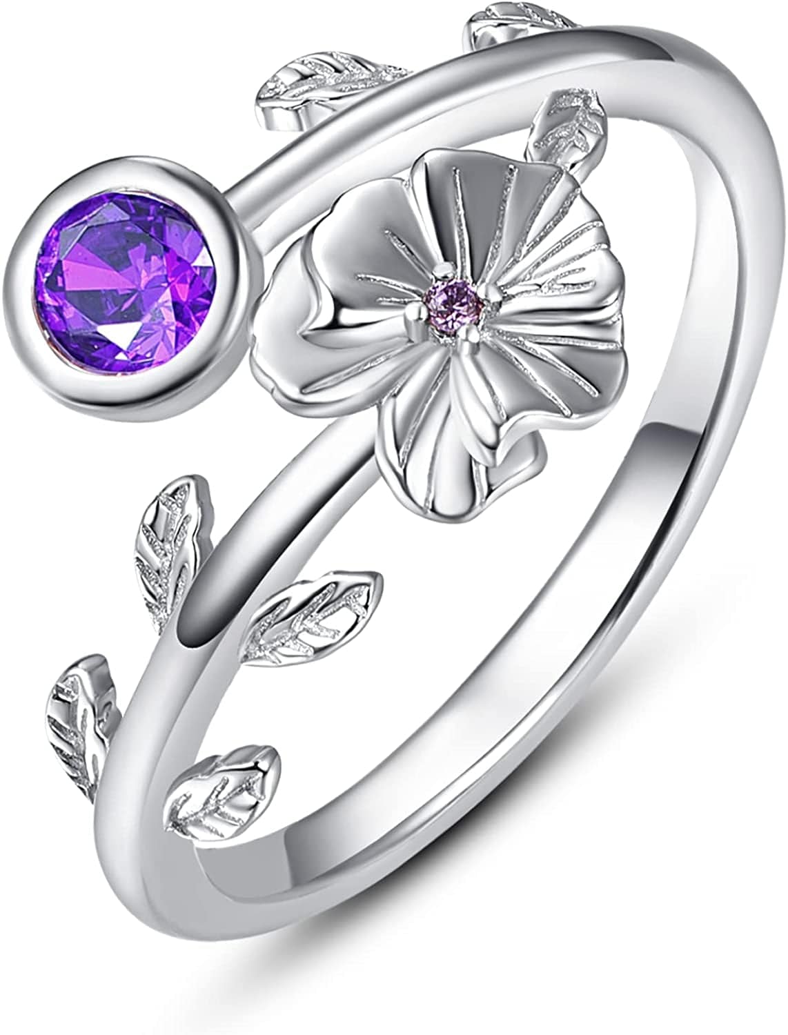 925 Sterling Silver Leaf Birthstone Rings Adjustable Open Ring for Women with Jewelry Box Size 7-9 February - Violet