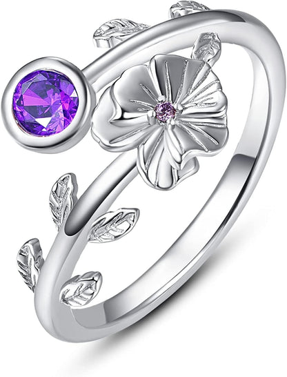 925 Sterling Silver Leaf Birthstone Rings Adjustable Open Ring for Women with Jewelry Box Size 7-9 February - Violet