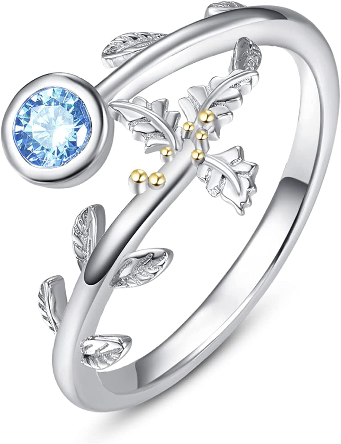 925 Sterling Silver Leaf Birthstone Rings Adjustable Open Ring for Women with Jewelry Box Size 7-9 December-Holly