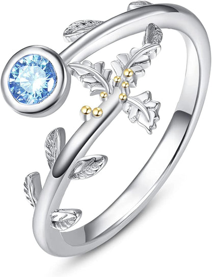 925 Sterling Silver Leaf Birthstone Rings Adjustable Open Ring for Women with Jewelry Box Size 7-9 December-Holly