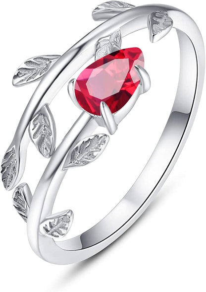 925 Sterling Silver Leaf Birthstone Rings Adjustable Open Ring for Women with Jewelry Box Size 7-9 07. July
