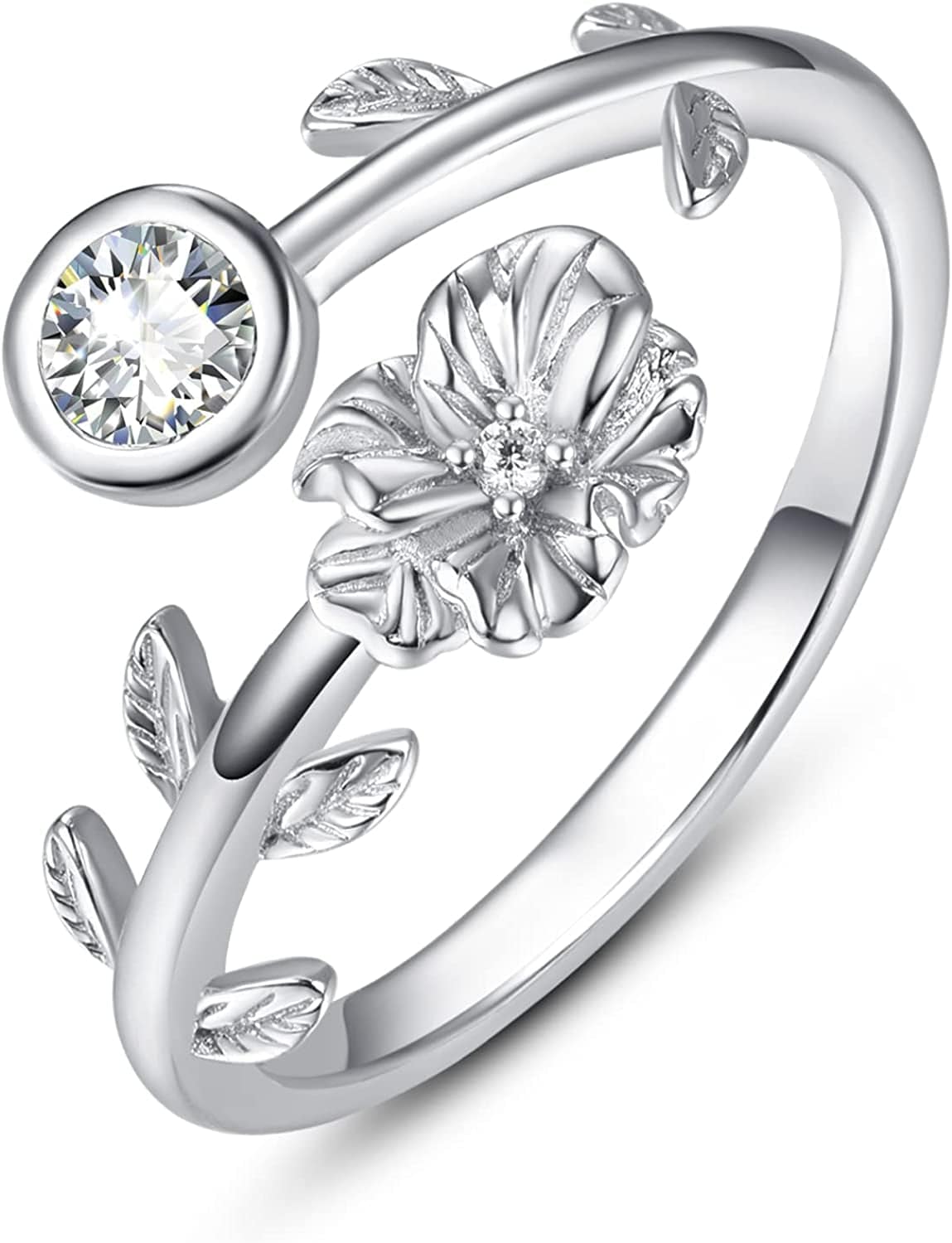 925 Sterling Silver Leaf Birthstone Rings Adjustable Open Ring for Women with Jewelry Box Size 7-9 April - Daisy