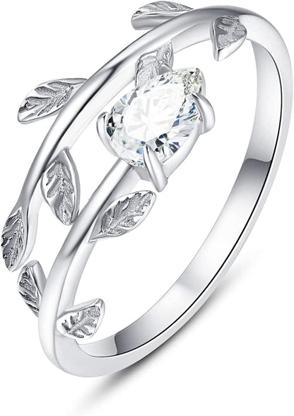 925 Sterling Silver Leaf Birthstone Rings Adjustable Open Ring for Women with Jewelry Box Size 7-9 04. April