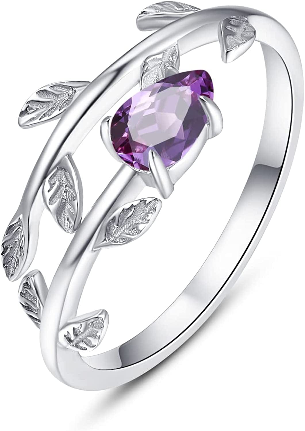 925 Sterling Silver Leaf Birthstone Rings Adjustable Open Ring for Women with Jewelry Box Size 7-9 06. June