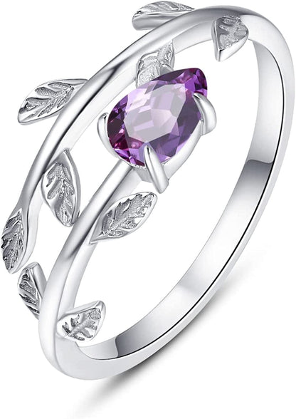 925 Sterling Silver Leaf Birthstone Rings Adjustable Open Ring for Women with Jewelry Box Size 7-9 06. June