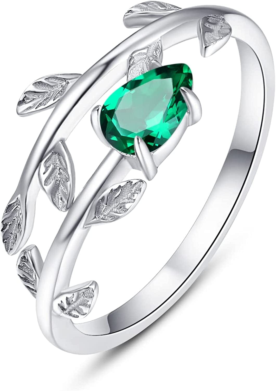 925 Sterling Silver Leaf Birthstone Rings Adjustable Open Ring for Women with Jewelry Box Size 7-9 05. May