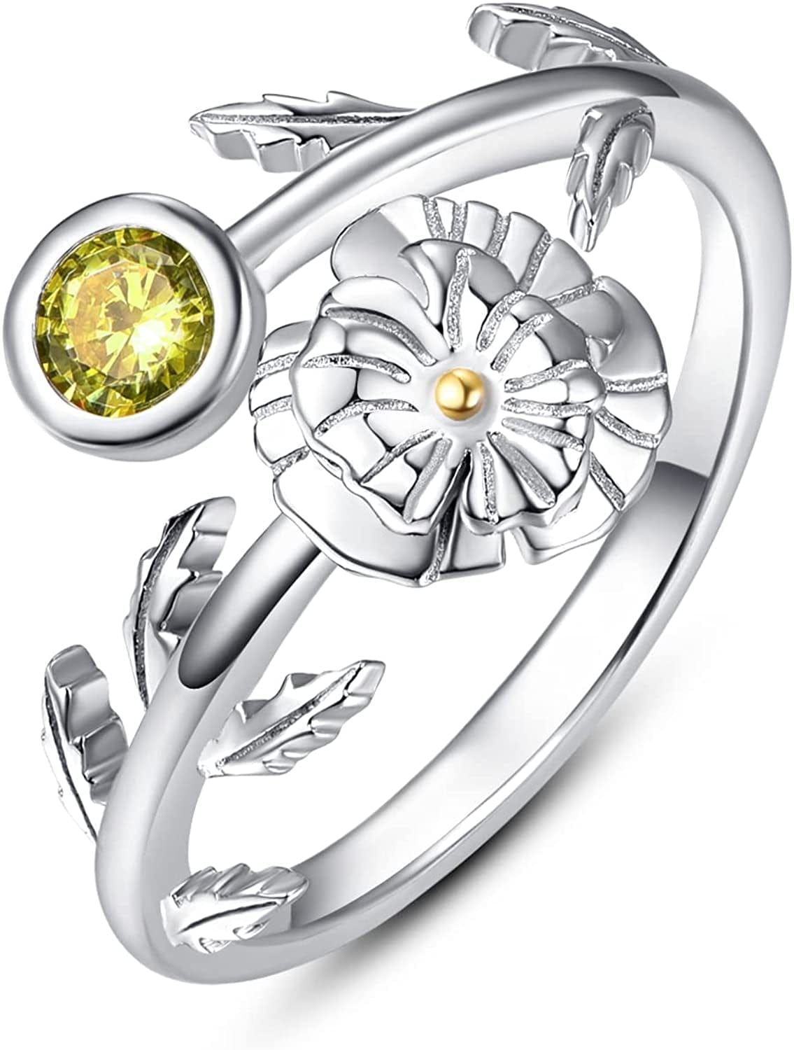 925 Sterling Silver Leaf Birthstone Rings Adjustable Open Ring for Women with Jewelry Box Size 7-9 August - Poppy