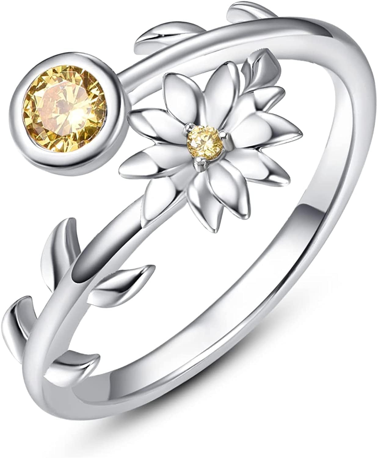 925 Sterling Silver Leaf Birthstone Rings Adjustable Open Ring for Women with Jewelry Box Size 7-9 November - Mums (Chrysanthemum)