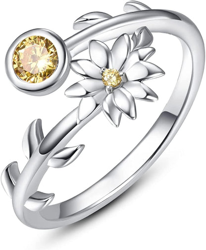 925 Sterling Silver Leaf Birthstone Rings Adjustable Open Ring for Women with Jewelry Box Size 7-9 November - Mums (Chrysanthemum)