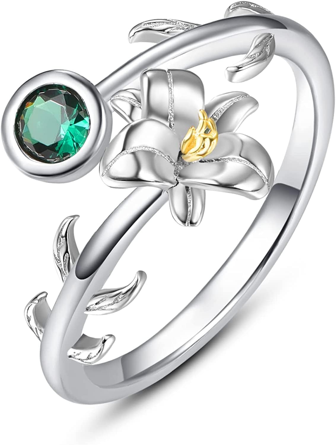 925 Sterling Silver Leaf Birthstone Rings Adjustable Open Ring for Women with Jewelry Box Size 7-9 May - Lily