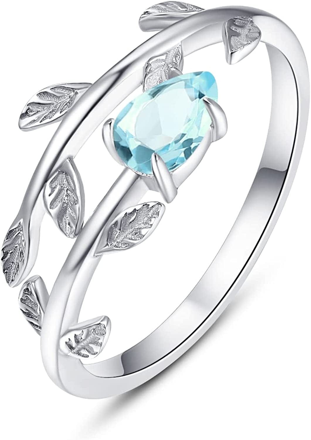 925 Sterling Silver Leaf Birthstone Rings Adjustable Open Ring for Women with Jewelry Box Size 7-9 03. March