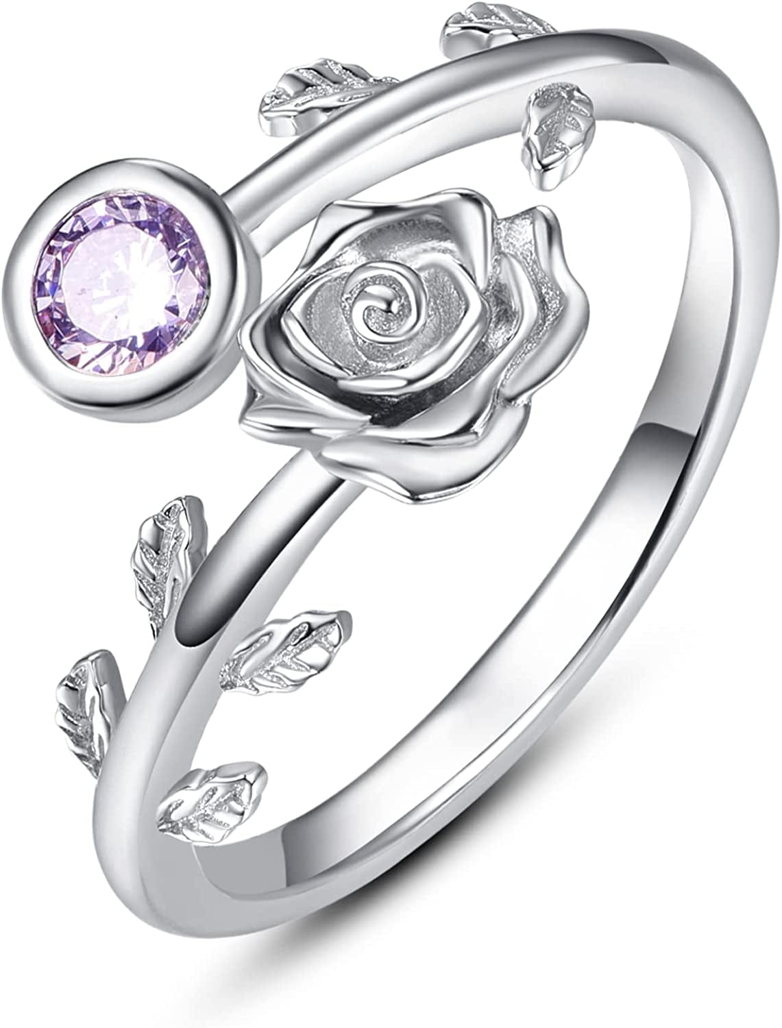925 Sterling Silver Leaf Birthstone Rings Adjustable Open Ring for Women with Jewelry Box Size 7-9 June - Rose