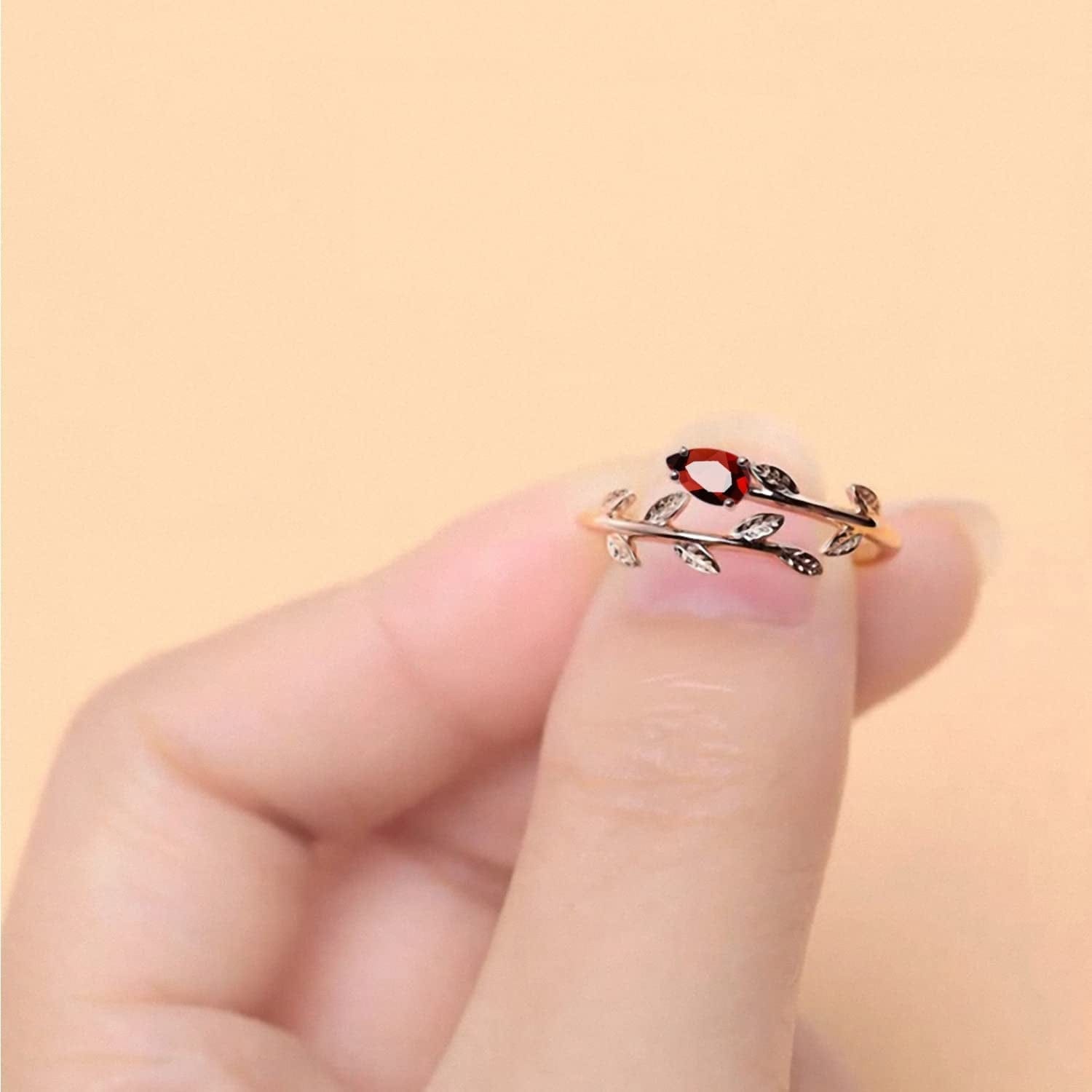 925 Sterling Silver Leaf Birthstone Rings Adjustable Open Ring for Women with Jewelry Box Size 7-9