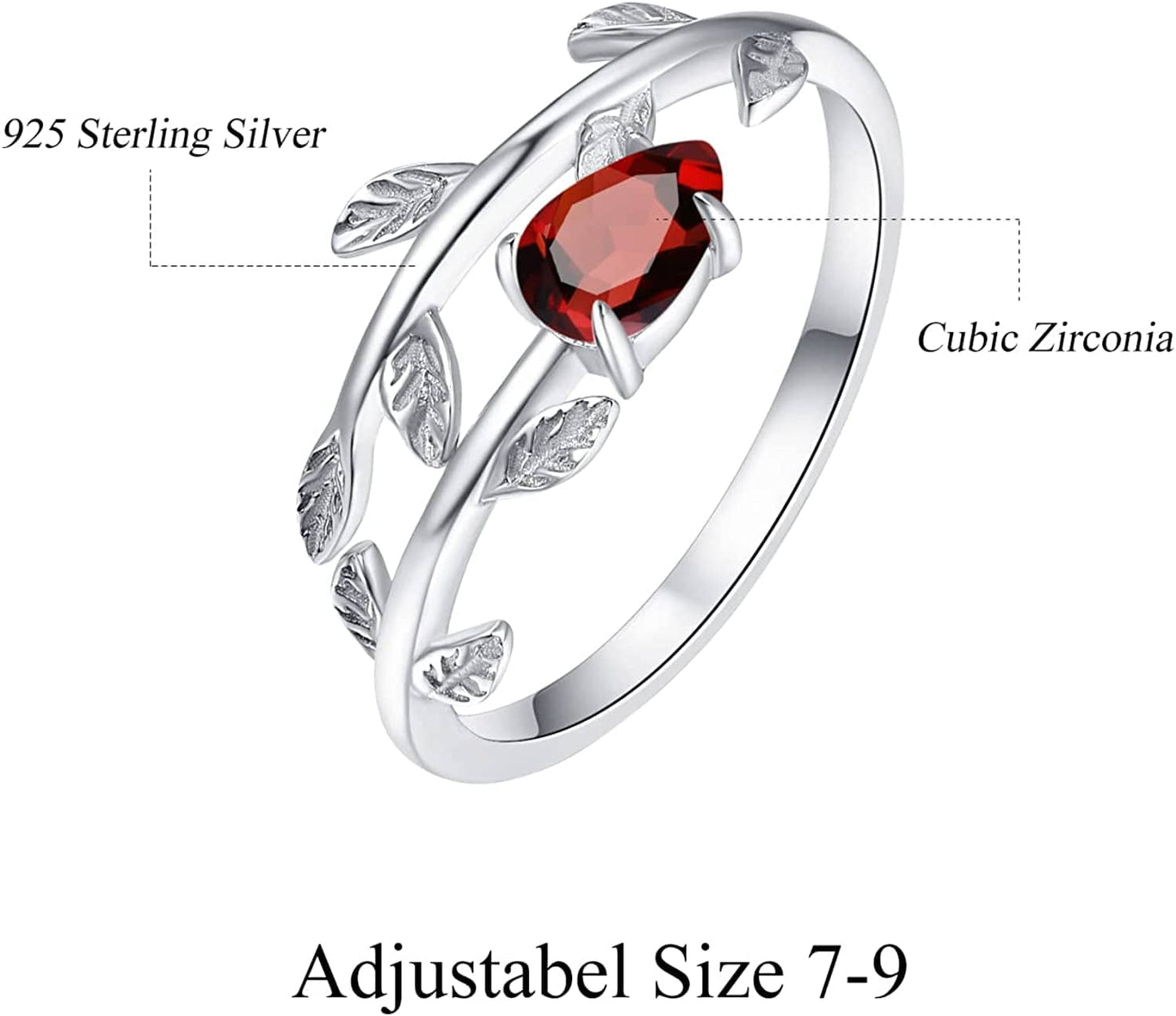 925 Sterling Silver Leaf Birthstone Rings Adjustable Open Ring for Women with Jewelry Box Size 7-9