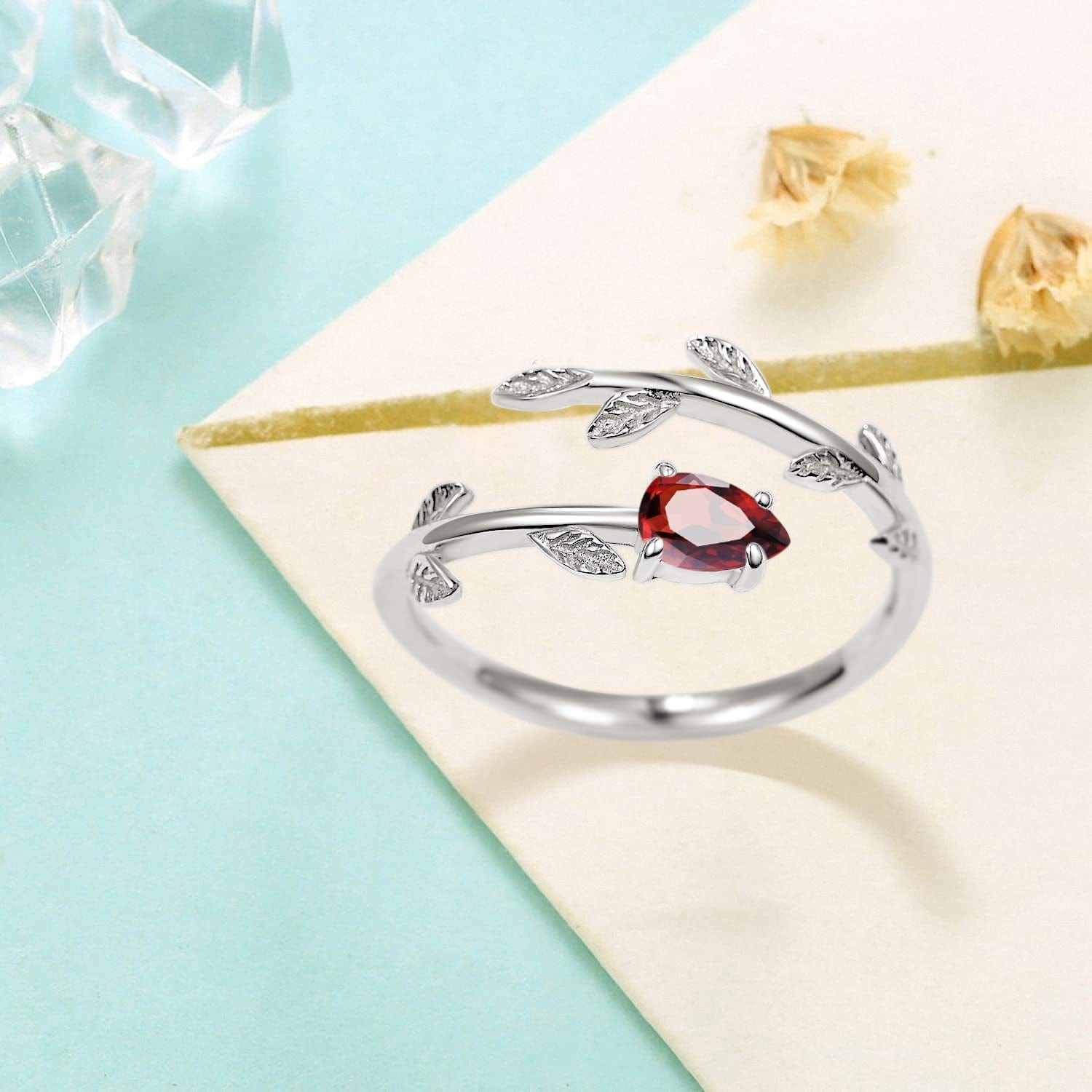 925 Sterling Silver Leaf Birthstone Rings Adjustable Open Ring for Women with Jewelry Box Size 7-9