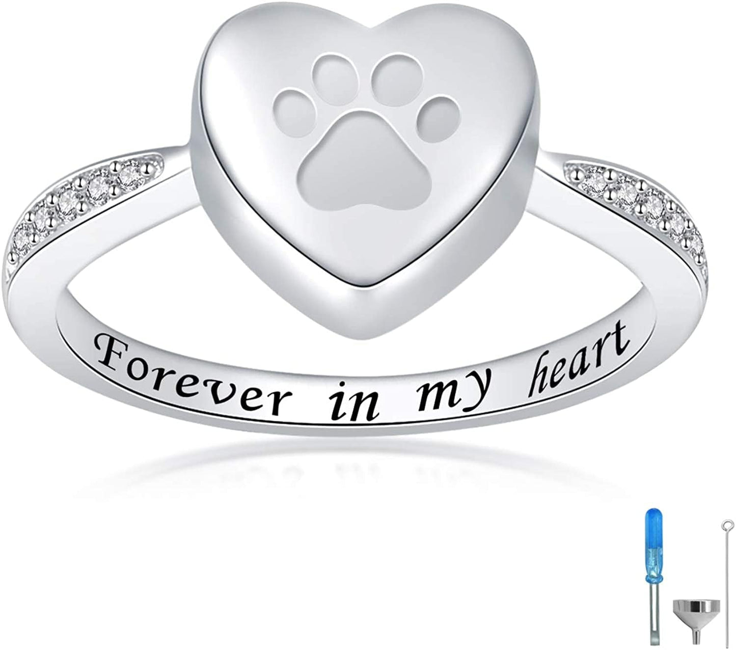 925 Sterling Silver Love Heart Urn Ring for Pet Dog Cat'S Ashes Keepsake Memorial Tiny Jewelry Forever in My Heart Paw Print Cremation Finger Rings silver / 8
