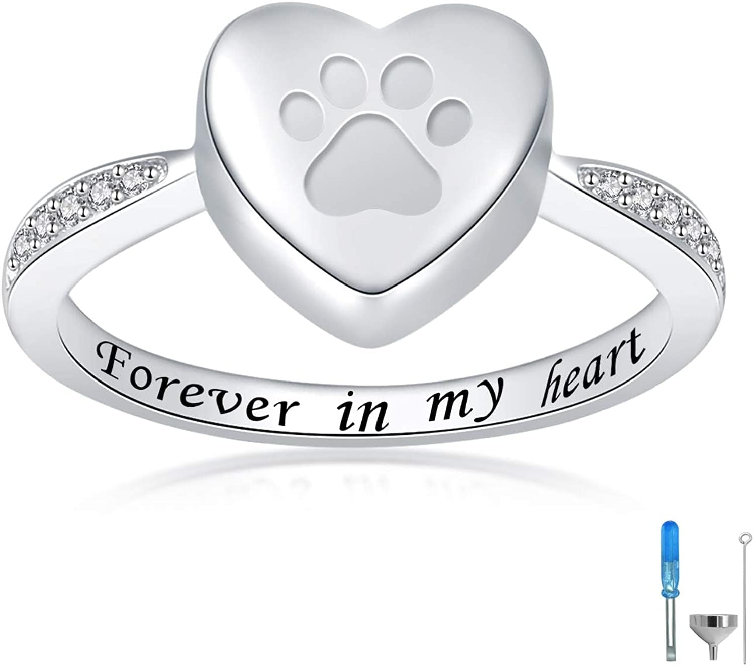 925 Sterling Silver Love Heart Urn Ring for Pet Dog Cat'S Ashes Keepsake Memorial Tiny Jewelry Forever in My Heart Paw Print Cremation Finger Rings silver / 8