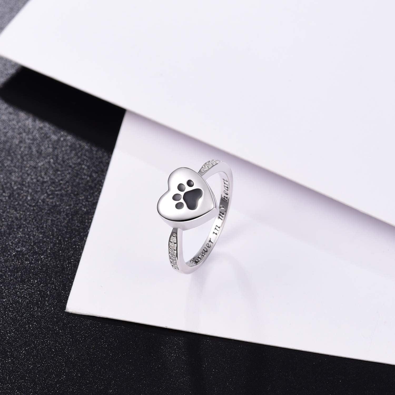 925 Sterling Silver Love Heart Urn Ring for Pet Dog Cat'S Ashes Keepsake Memorial Tiny Jewelry Forever in My Heart Paw Print Cremation Finger Rings