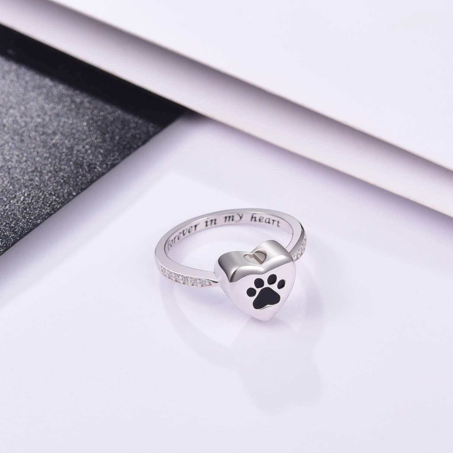 925 Sterling Silver Love Heart Urn Ring for Pet Dog Cat'S Ashes Keepsake Memorial Tiny Jewelry Forever in My Heart Paw Print Cremation Finger Rings