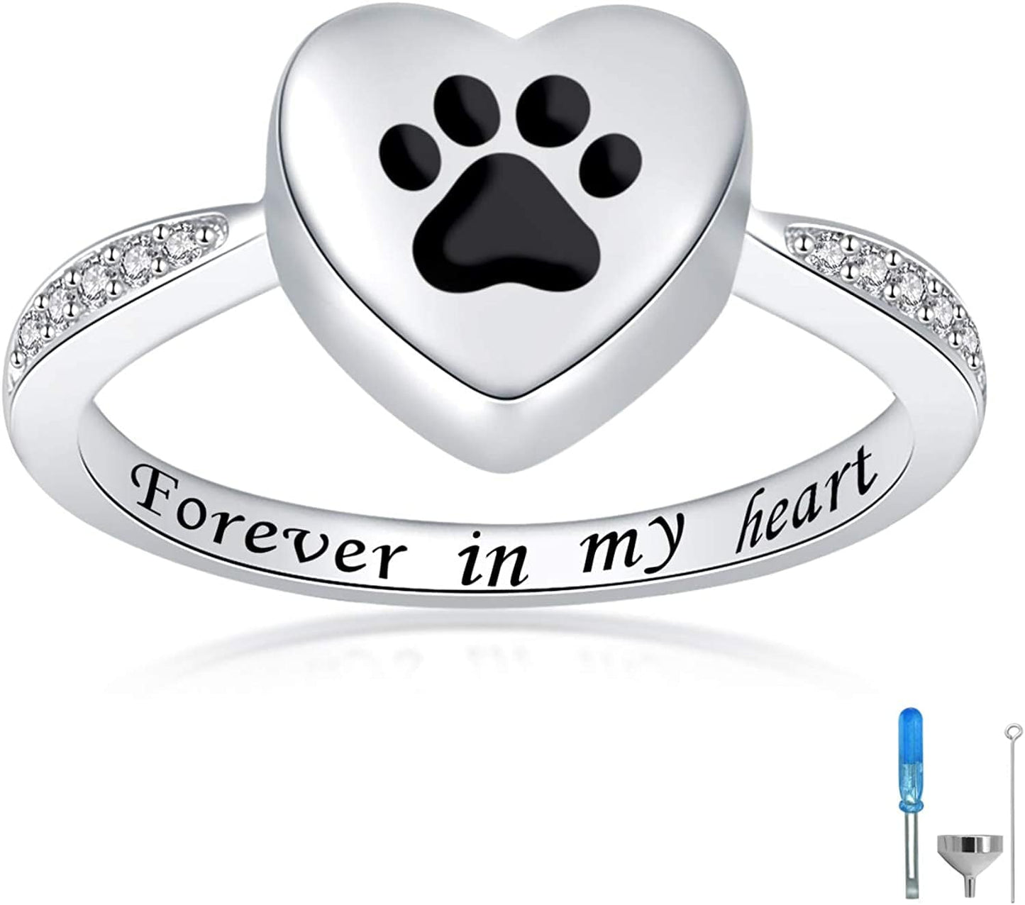 925 Sterling Silver Love Heart Urn Ring for Pet Dog Cat'S Ashes Keepsake Memorial Tiny Jewelry Forever in My Heart Paw Print Cremation Finger Rings black / 8