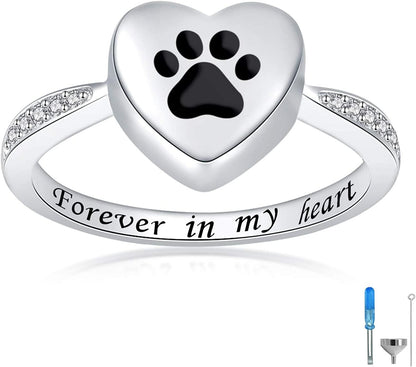 925 Sterling Silver Love Heart Urn Ring for Pet Dog Cat'S Ashes Keepsake Memorial Tiny Jewelry Forever in My Heart Paw Print Cremation Finger Rings black / 8