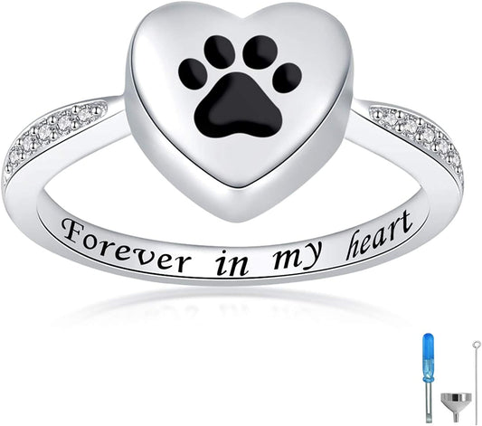 925 Sterling Silver Love Heart Urn Ring for Pet Dog Cat'S Ashes Keepsake Memorial Tiny Jewelry Forever in My Heart Paw Print Cremation Finger Rings black / 8