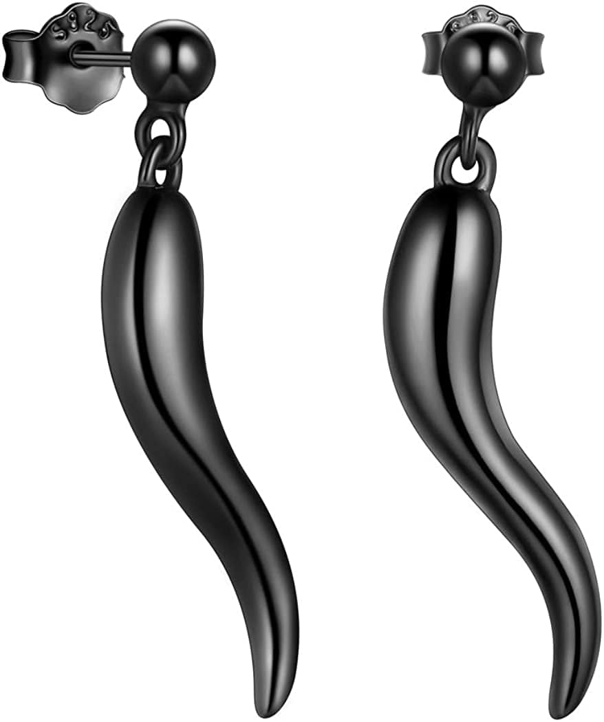 925 Sterling Silver Lucky Italian Horn Pendant Necklace Earrings Jewelry Set Protection Amulet Jewelry for Women Girls Mens Cornicello Jewelry Gift for Her Silver/Gold/Black (With Gift Box) C, Earrings Black