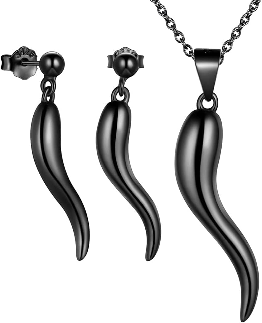 925 Sterling Silver Lucky Italian Horn Pendant Necklace Earrings Jewelry Set Protection Amulet Jewelry for Women Girls Mens Cornicello Jewelry Gift for Her Silver/Gold/Black (With Gift Box) I, Set Black