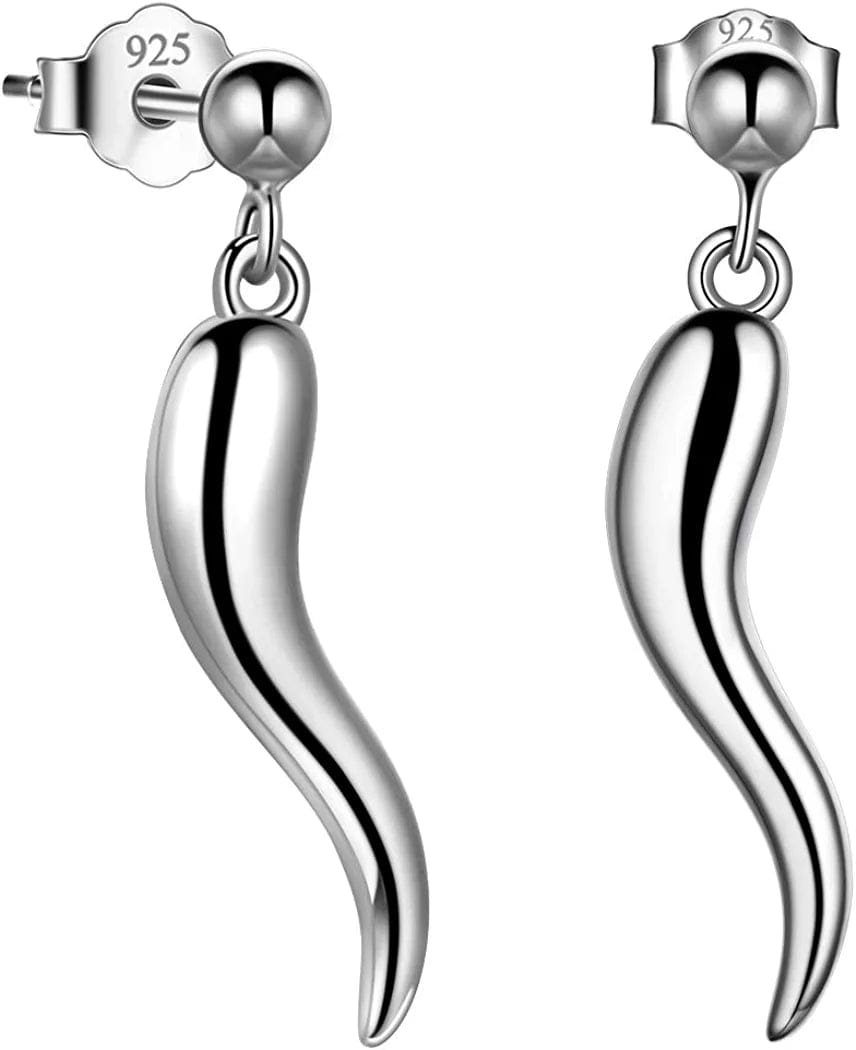 925 Sterling Silver Lucky Italian Horn Pendant Necklace Earrings Jewelry Set Protection Amulet Jewelry for Women Girls Mens Cornicello Jewelry Gift for Her Silver/Gold/Black (With Gift Box) A, Earrings Silver