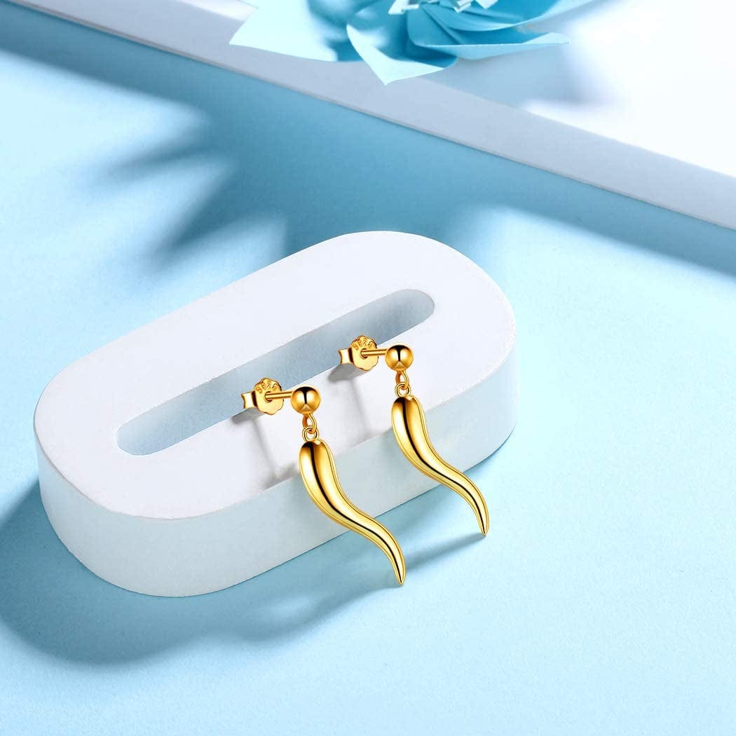 925 Sterling Silver Lucky Italian Horn Pendant Necklace Earrings Jewelry Set Protection Amulet Jewelry for Women Girls Mens Cornicello Jewelry Gift for Her Silver/Gold/Black (With Gift Box)