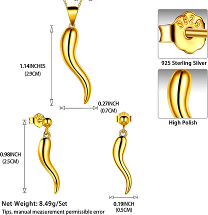 925 Sterling Silver Lucky Italian Horn Pendant Necklace Earrings Jewelry Set Protection Amulet Jewelry for Women Girls Mens Cornicello Jewelry Gift for Her Silver/Gold/Black (With Gift Box)