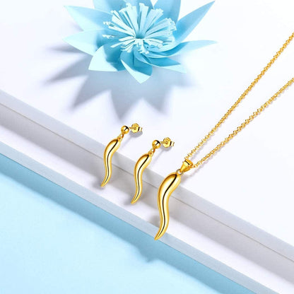 925 Sterling Silver Lucky Italian Horn Pendant Necklace Earrings Jewelry Set Protection Amulet Jewelry for Women Girls Mens Cornicello Jewelry Gift for Her Silver/Gold/Black (With Gift Box)