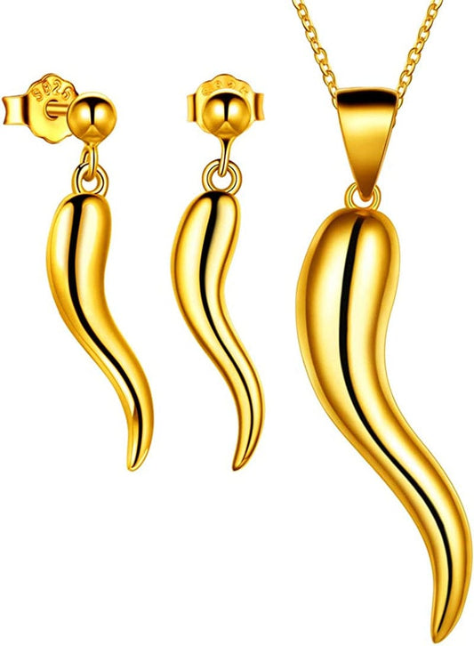 925 Sterling Silver Lucky Italian Horn Pendant Necklace Earrings Jewelry Set Protection Amulet Jewelry for Women Girls Mens Cornicello Jewelry Gift for Her Silver/Gold/Black (With Gift Box) H, Set Gold