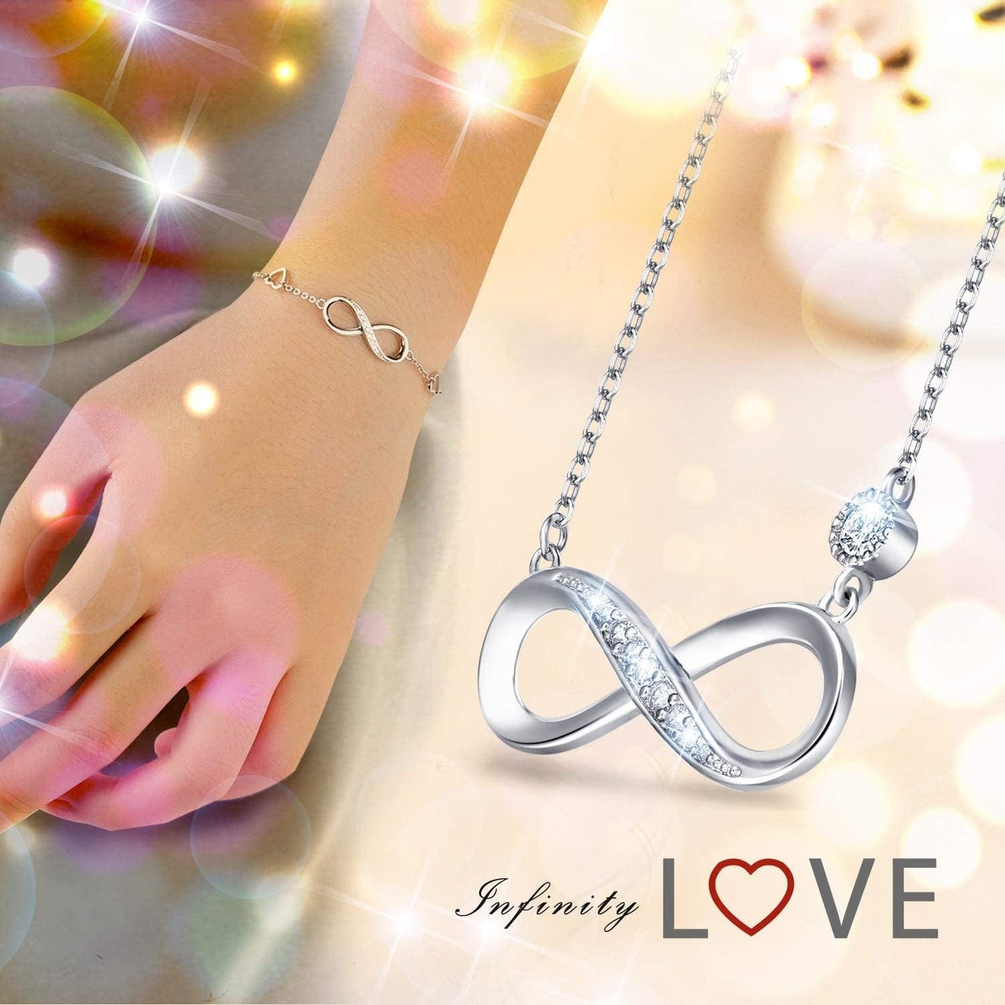 925 Sterling Silver Necklace Bracelet Jewelry Sets – Infinity Love Jewelry Sets White Gold Plated Diamond Women Necklace Mother'S Day Gift for Women Girls