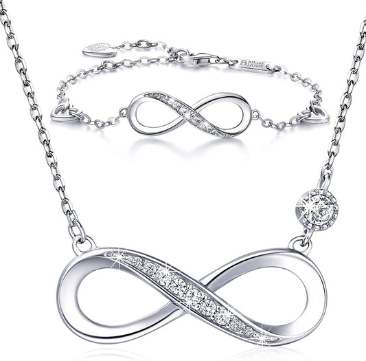 925 Sterling Silver Necklace Bracelet Jewelry Sets – Infinity Love Jewelry Sets White Gold Plated Diamond Women Necklace Mother'S Day Gift for Women Girls A-silver