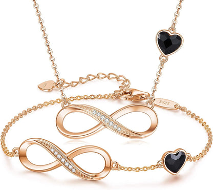 925 Sterling Silver Necklace Bracelet One Sets Infinity Heart Symbol Charm Endless Love Women Pendant Embellished with Crystal Christmas Jewelry Gift Birthday Gift for Mom Women Wife Girls Her Rose Gold-Black