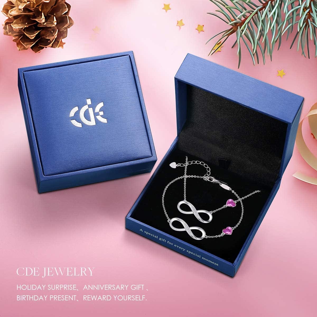 925 Sterling Silver Necklace Bracelet One Sets Infinity Heart Symbol Charm Endless Love Women Pendant Embellished with Crystal Christmas Jewelry Gift Birthday Gift for Mom Women Wife Girls Her