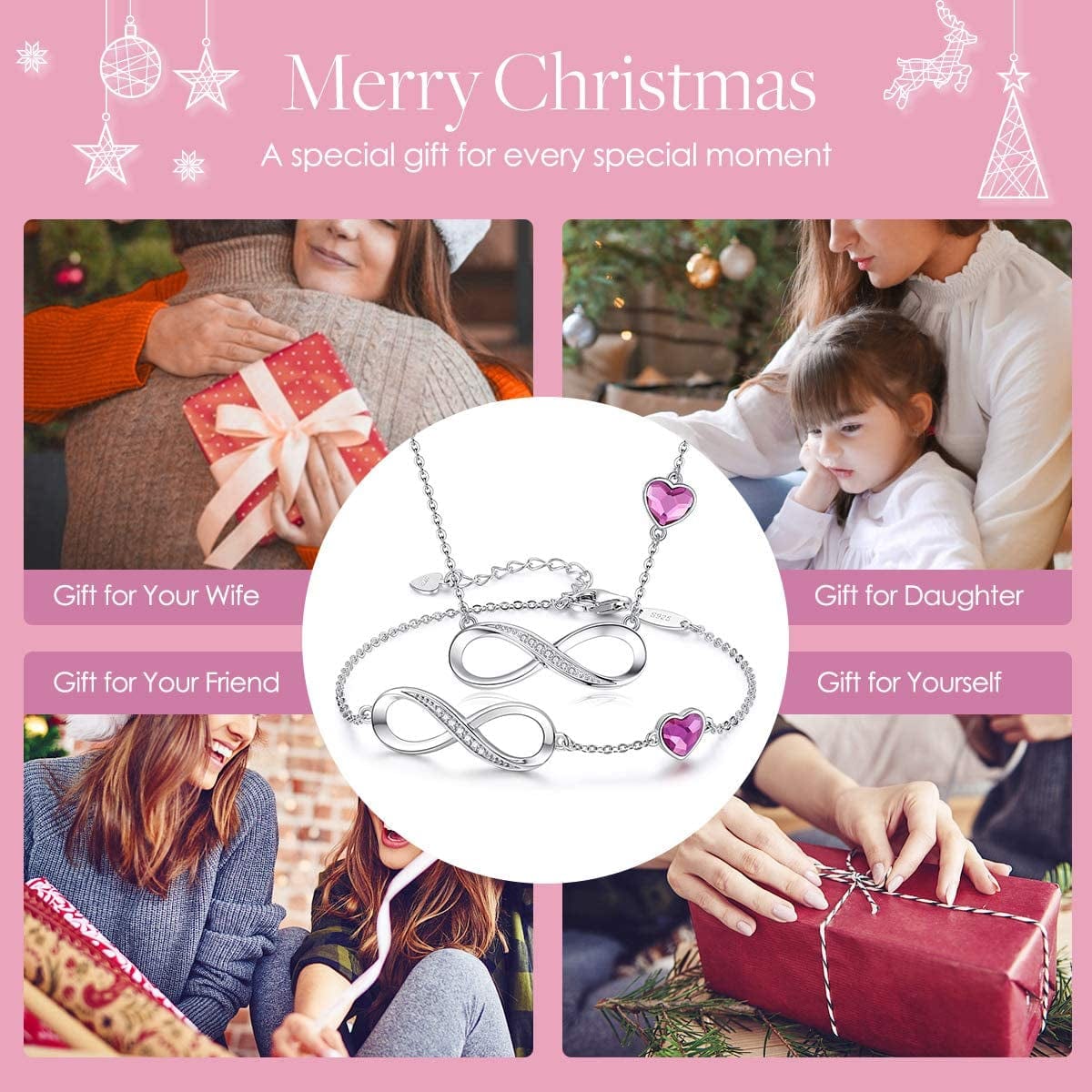 925 Sterling Silver Necklace Bracelet One Sets Infinity Heart Symbol Charm Endless Love Women Pendant Embellished with Crystal Christmas Jewelry Gift Birthday Gift for Mom Women Wife Girls Her