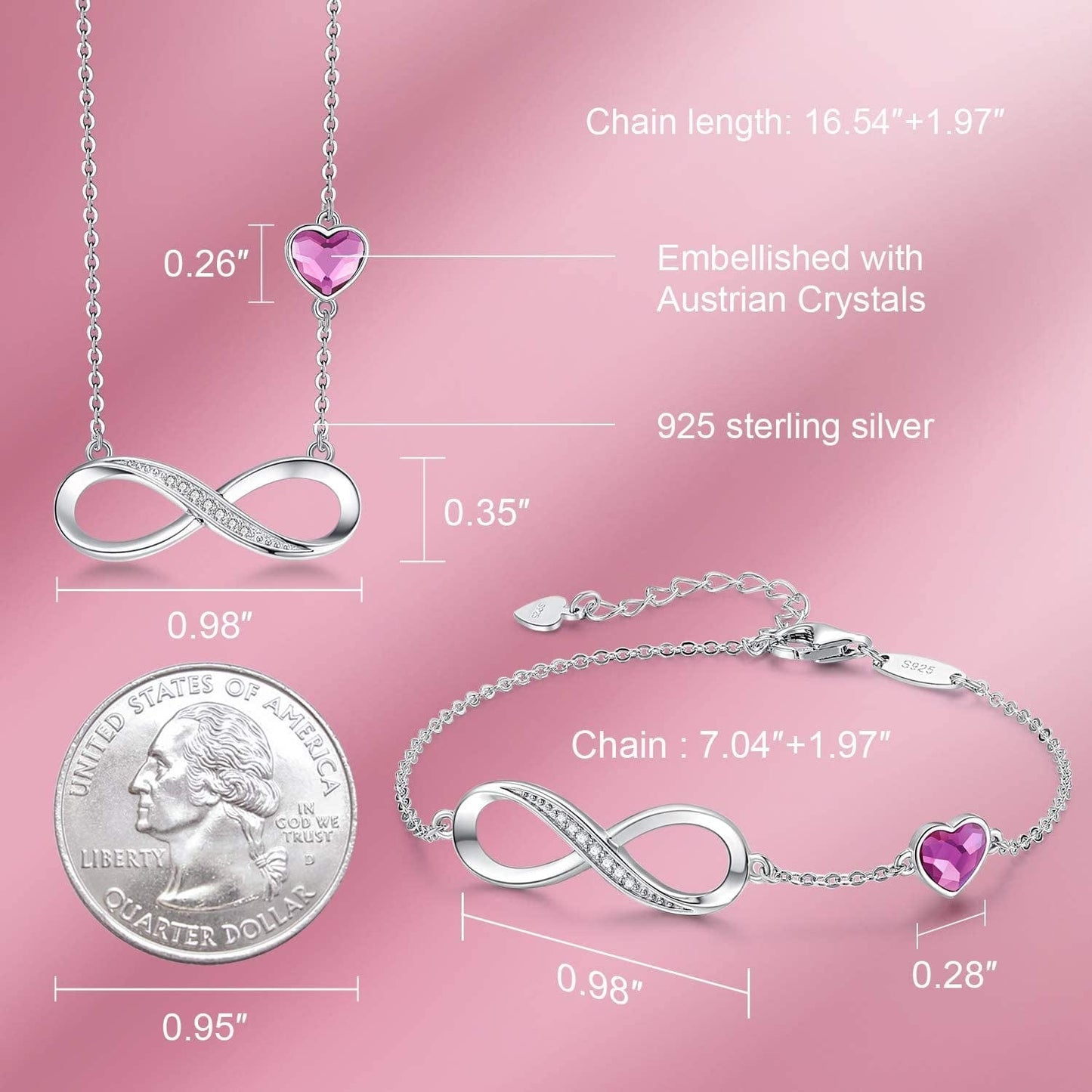 925 Sterling Silver Necklace Bracelet One Sets Infinity Heart Symbol Charm Endless Love Women Pendant Embellished with Crystal Christmas Jewelry Gift Birthday Gift for Mom Women Wife Girls Her