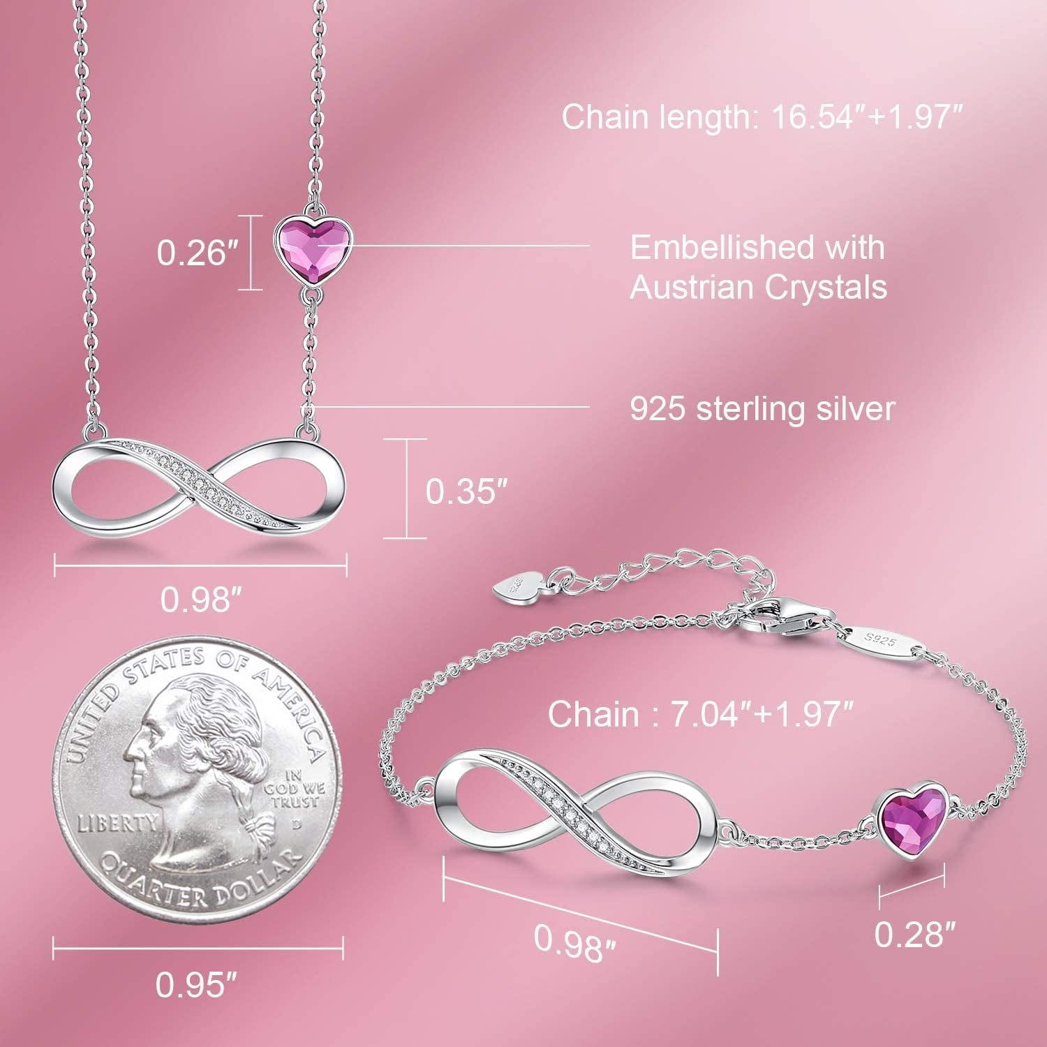 925 Sterling Silver Necklace Bracelet One Sets Infinity Heart Symbol Charm Endless Love Women Pendant Embellished with Crystal Christmas Jewelry Gift Birthday Gift for Mom Women Wife Girls Her