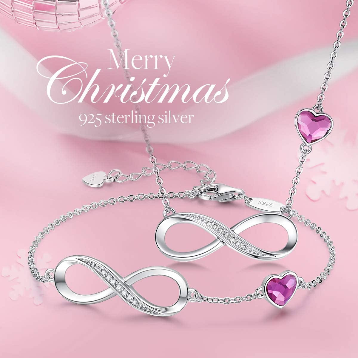 925 Sterling Silver Necklace Bracelet One Sets Infinity Heart Symbol Charm Endless Love Women Pendant Embellished with Crystal Christmas Jewelry Gift Birthday Gift for Mom Women Wife Girls Her