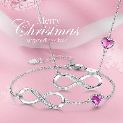 925 Sterling Silver Necklace Bracelet One Sets Infinity Heart Symbol Charm Endless Love Women Pendant Embellished with Crystal Christmas Jewelry Gift Birthday Gift for Mom Women Wife Girls Her