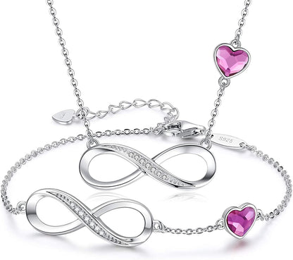925 Sterling Silver Necklace Bracelet One Sets Infinity Heart Symbol Charm Endless Love Women Pendant Embellished with Crystal Christmas Jewelry Gift Birthday Gift for Mom Women Wife Girls Her Sliver-Purple